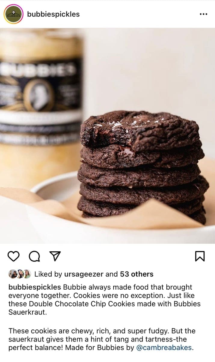 An Instagram post by Bubbies: a stack of chocolate chip cookies made with Bubbies sauerkraut