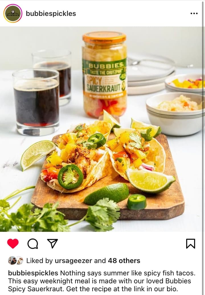 An Instagram post by Bubbies: spicy fish tacos made with Bubbies sauerkraut