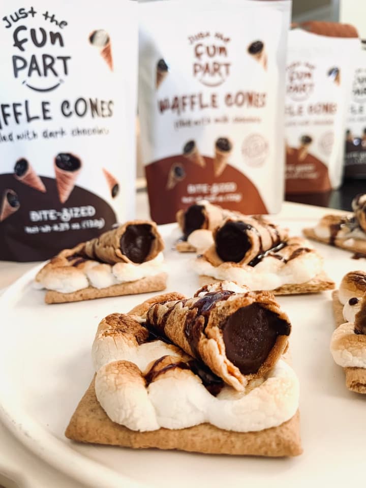 Product photography for Just the Fun Part: chocolate-filled waffle cone pieces on s’mores